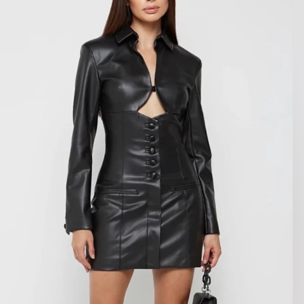 Maniere De Voir Vegan Leather Cut Out Blazer Dress